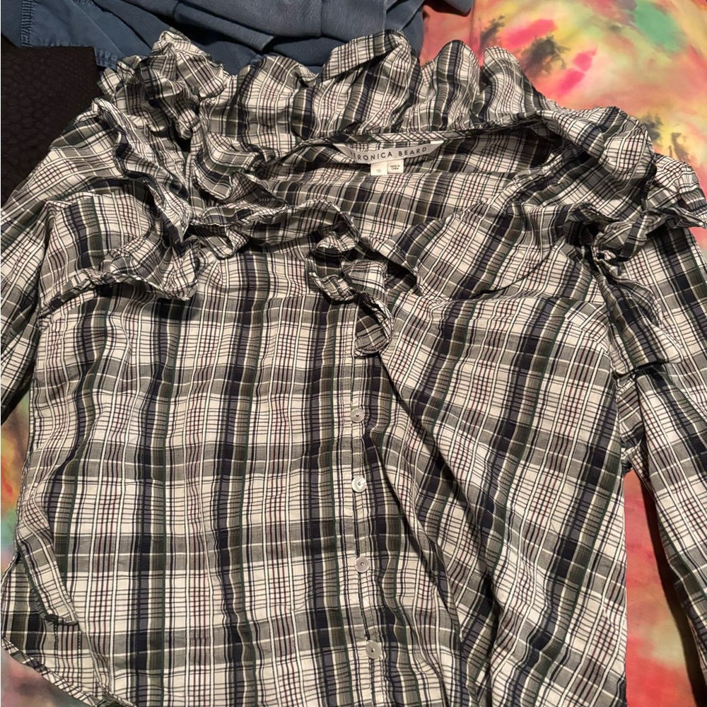 Veronica Beard Navy and White Plaid Top